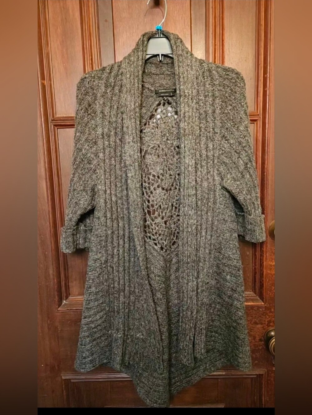 BCBGMAXAZRIA Cardigan Crochet Back Open Front Knit Oversized Sweater-BOHO-Large